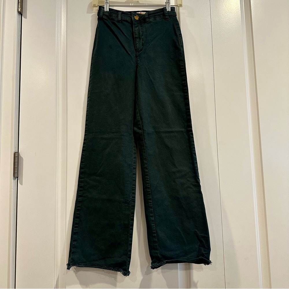 MARINE LAYER Forest Green Bridget Wide Leg Raw Hem Pants